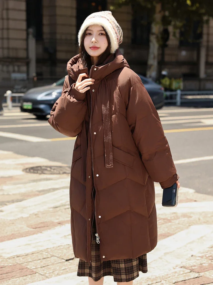 

Loose Solid Mid Length Hooded Down Jacket Women White Duck Down Waterproof Down Jackets Female Warm Thick Parker Outwears