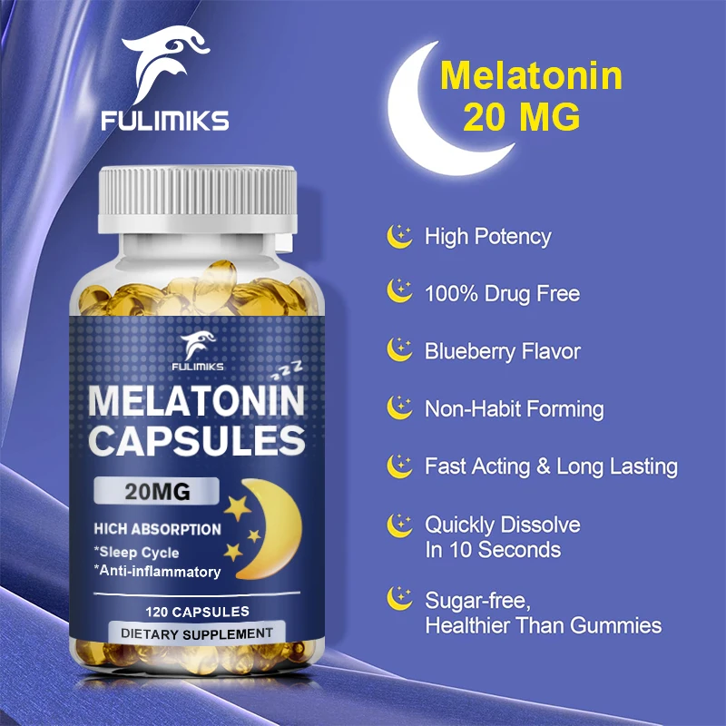 Melatonin Capsules Supplement 20mg Contains Vitamin C Theanine Extract Capsules to Promote Sleep Quality & Alertness Non-GMO