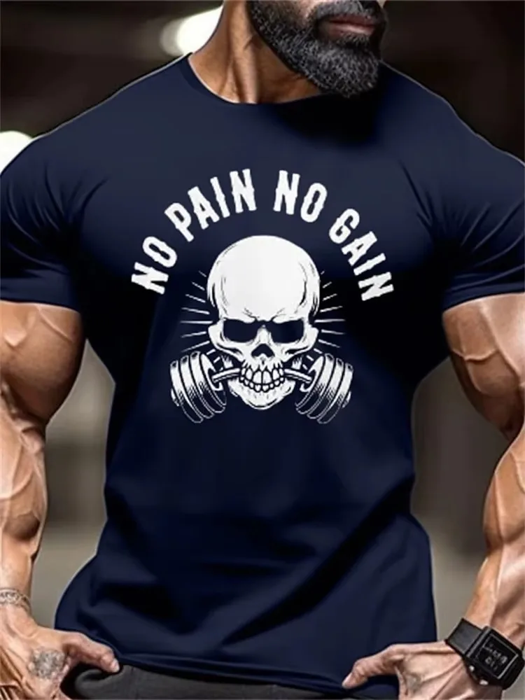 2026 new Men Skull Dumbbell Graphic T Shirt Crew Neck Short Sleeve Fitness Gym Workout Black Tees