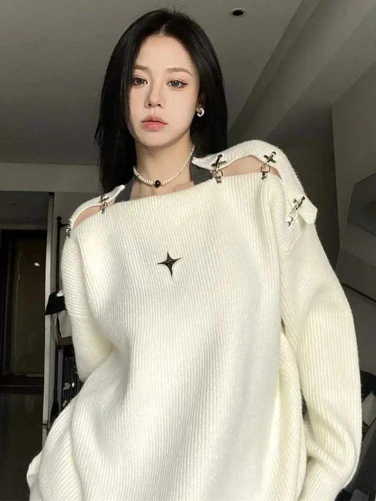 

Streetwear Knitted Sweater Women Oversized Off Shoulder Pullovers Tops Female Autumn Winter Jumper Ladies Casual Loose Sweaters