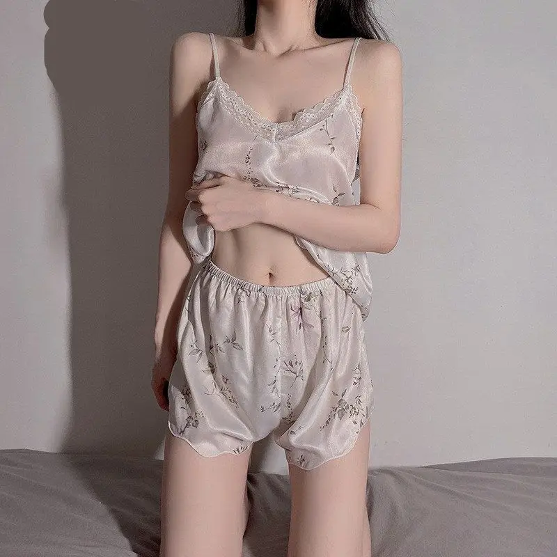 

Женская одежда для сна, домашняя одежда, пикантные шелковые пижамные комплекты, шорты на бретелях, комплект из двух предметов, кружевная одежда с милым принтом для женщин