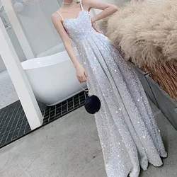 Customized Silver Sequin Camisole Evening Dress Elegant Off-the-Shoulder Women Party Maxi Mermaid Dress Long Prom Gowns 2024 New