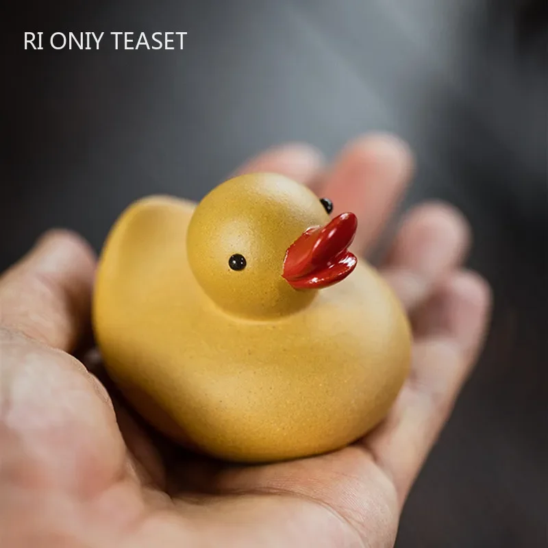 Chinese Yixing Purple Clay Tea Pet Yellow Cute Duck Statue Ornaments Handmade Sculpture Tea Figurine Art Tea Set Decoration