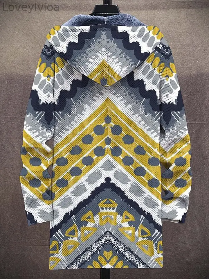 Unisex Retro Ethnic Art Pattern Plush Thick Long-Sleeved Sweater Coat Cardigan Hoodies Fleece Lined Zipper Coats