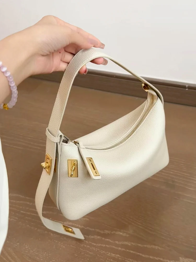 حقيبة هوبو جلدية بيضاء للنساء، حقيبة يد للعمل، حقيبة كتف واحدة، حقيبة فاخرة بتصميم بسيط وراقي للمكتب
