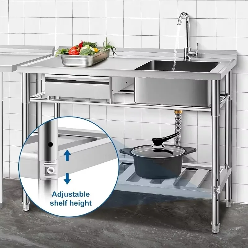

Authenticity guarantee.Stainless Steel Utility Sink, Free Standing Single Bowl Kitchen Commercial Sink Set with Drawer Storage &