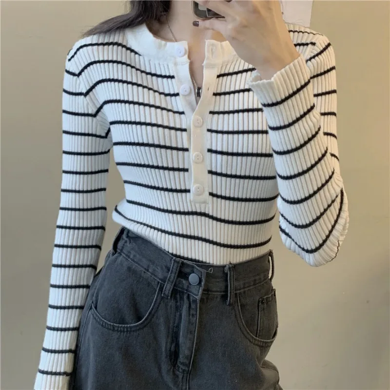 

Striped Knitted Shirt Women Pullover Sweater Tops Spring Autumn Female Long Sleeve Slim Elastic Knit Bottoming Shirts Knitwear
