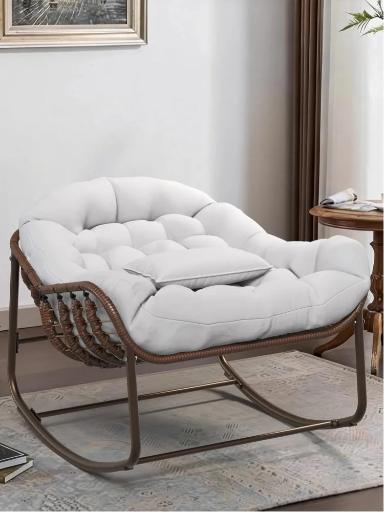 XXL Papasan – huśtawka ogrodowa, krzesło do użytku na zewnątrz, wykonane z rattanu PE, wytrzymałe do 181 kg, z metalową ramą i grubą, odporną na promieniowanie UV poduszką, idealne do ogrodu, na (Brown White) — Zdjęcie 2 z 2