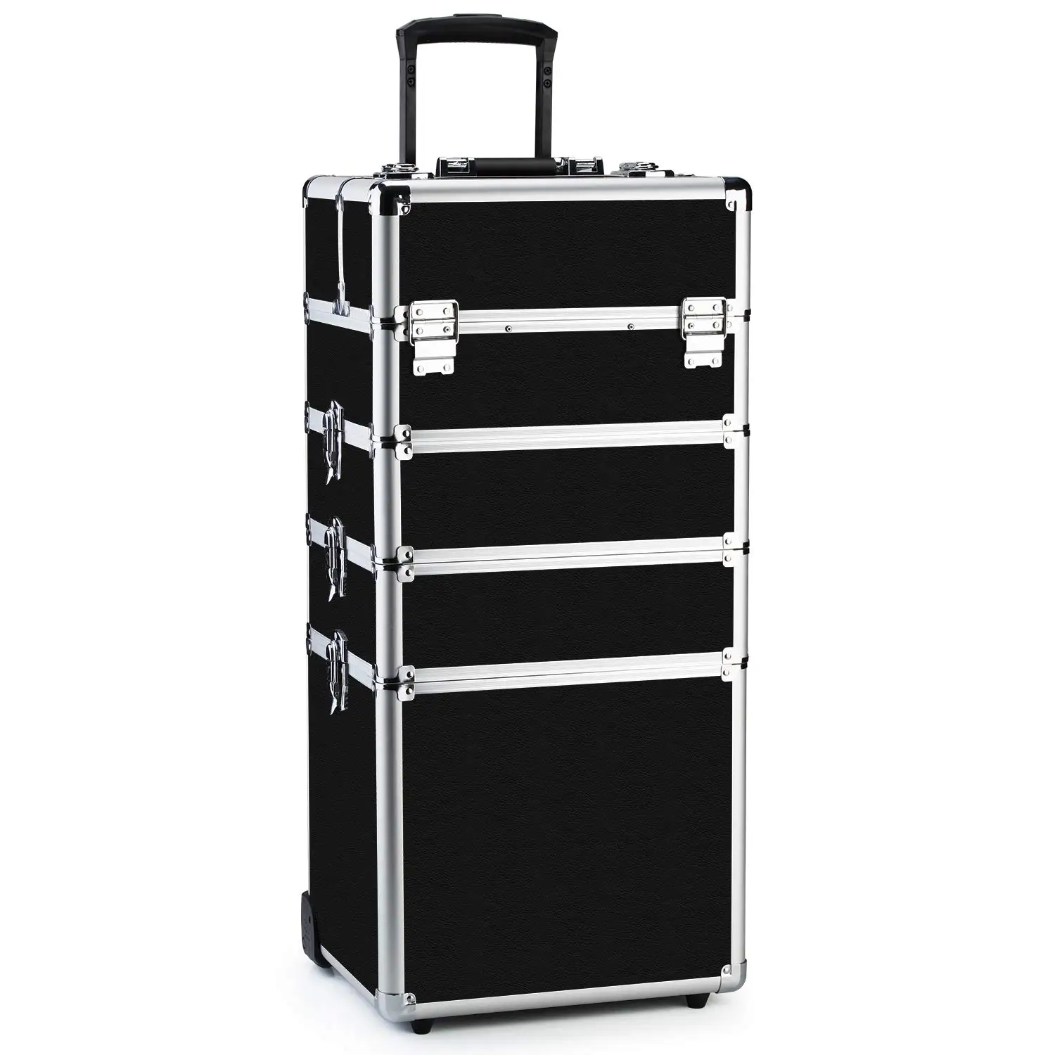 Makeup Rolling Train Case 4-in-1 Professional Artist Trolley Cosmetic Organizer with 2 Wheels Durable Aluminum Frame