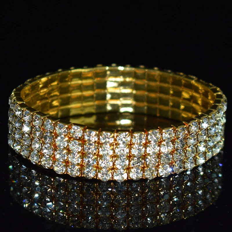 Klassisches mehrfach glänzendes Strass-Kristall-Stretch-Armband für Frauen und Mädchen, Braut, Hochzeit, elastisches Armband, Gold- und Silberfarbe – Detail 11