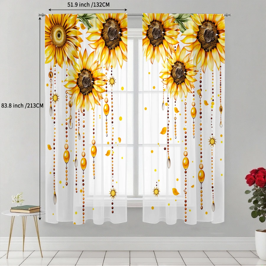 2PCS Digital Print Sheer Curtain, Sunflower Bead Chain, Vintage Floral Window Curtains for Living Room Bedroom Home Decor