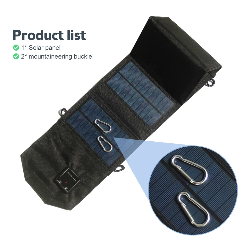 5 Volt Waterproof High Efficiency Foldable Solar Battery Charger with 2 Carabiner for Outdoor Camping Travel Portable Foldable