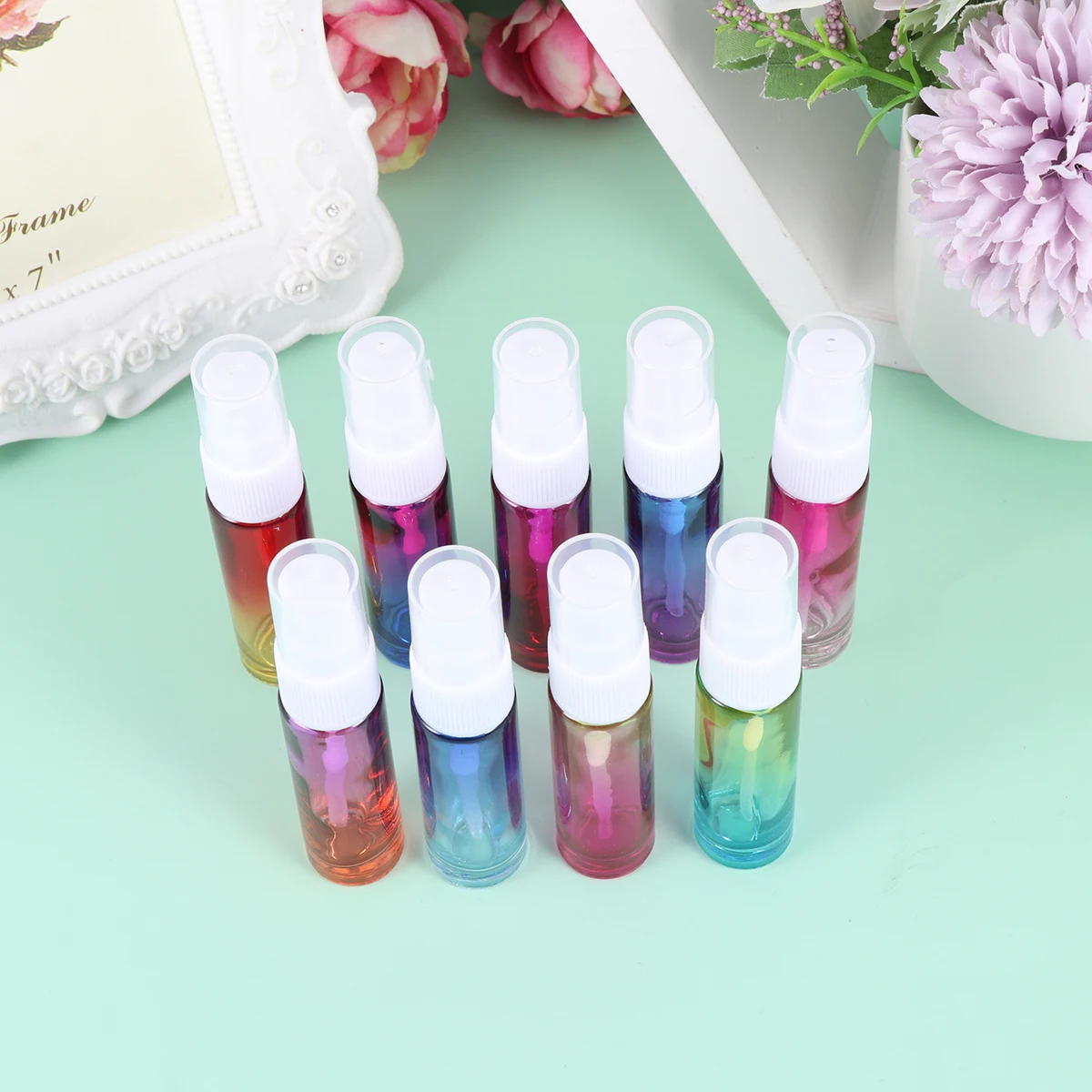 9 قطع 10 مل زجاجة رذاذ رذاذ للسفر قابلة لإعادة الملء حاوية عطر زجاجية محمولة مدمجة بخاخ زيت أساسي سائل #3