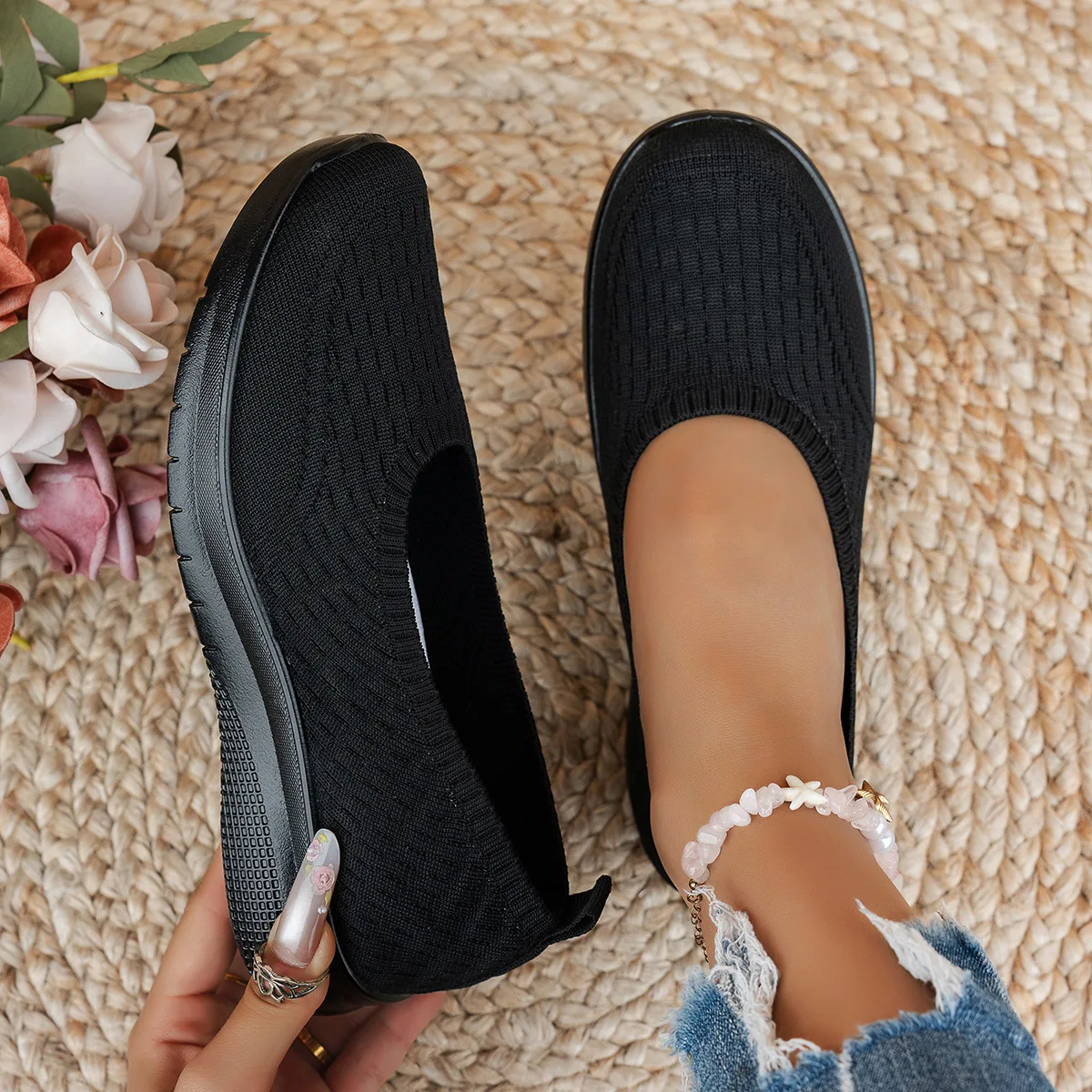 Hohlstrick-Slip-On-Keilsneaker für Damen, atmungsaktiv, rutschfest, weiche Kissensohle, für den täglichen Gebrauch, lässige Mutter-Schuhe – Detail 19