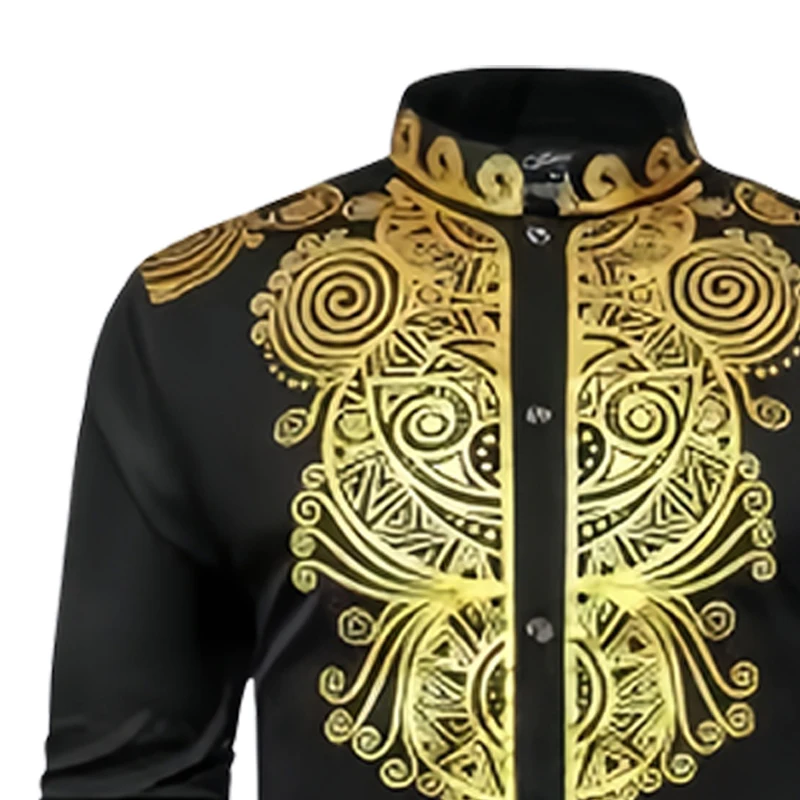 2PCS Ethnic Style Men\'s Casual Suit Gilded Printed Top Shirt Long Sleeved Solid Color Pants Fashion Casual African Clothing