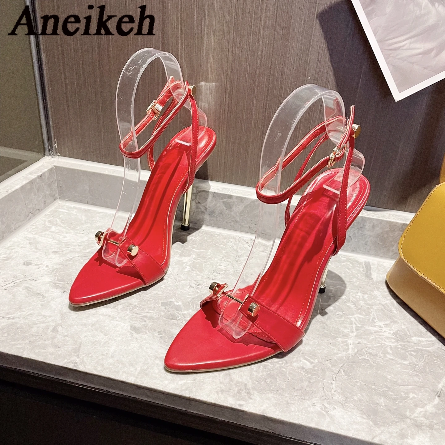 Aneikeh Fashion Pointed Toe High Heels Designer Sandals Thin Heel Metal T-Head Rivet Stripe Narrow Band Ankle Strap Sandalia