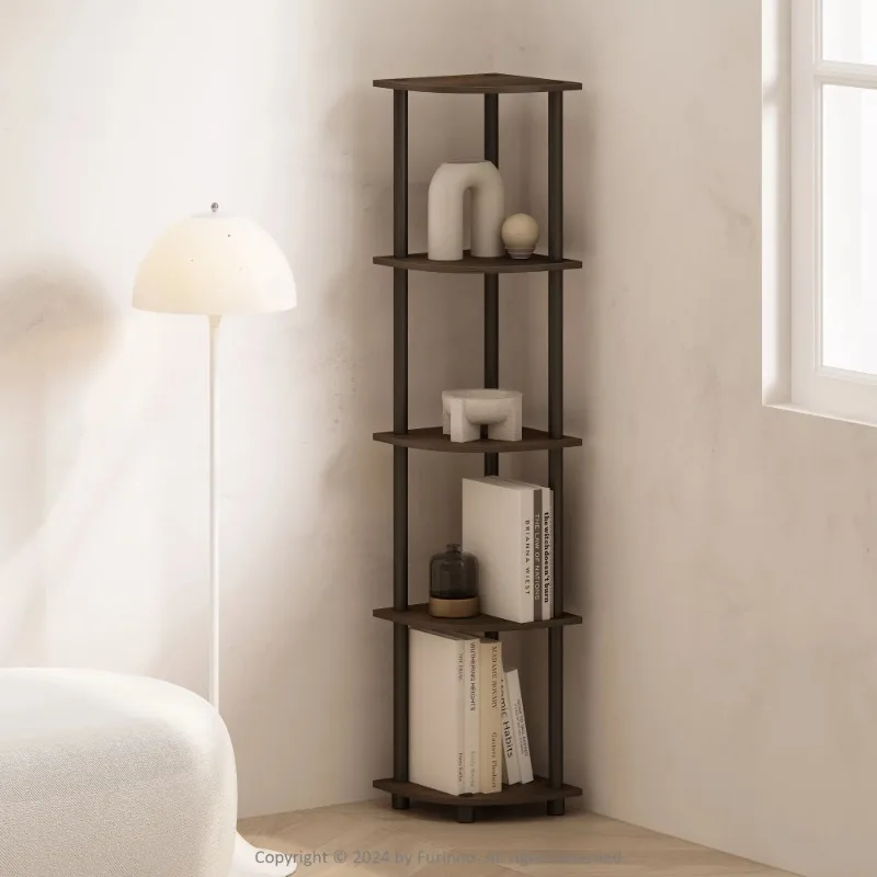 Turn-N-Tube 5 Tier Multipurpose Corner Display Rack Shelving Unit,Bookcase,with Shelves for Living Room,  Walnut/Brown