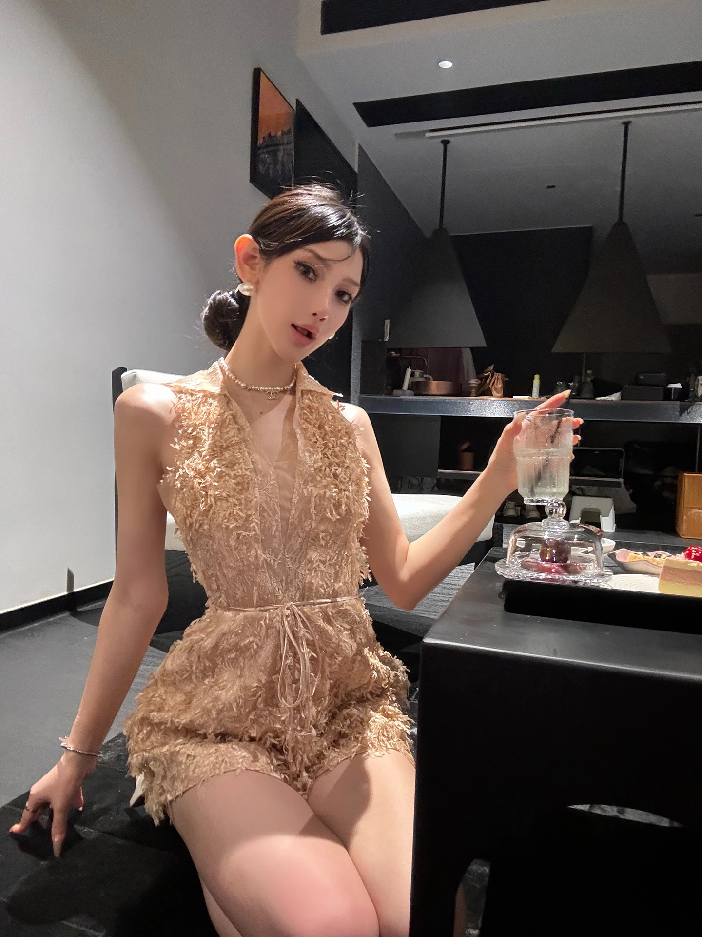 

ChiclyNana Lace V-Ne Svel One-Piece Dr oulder Bared Slimming Design Commute Sle High Waist ort Pants Polyest...