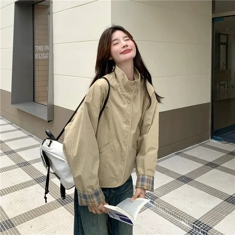 

New Women's Plaid Jacket Fashion Loose Long Sleeve Single Row Button Tops Short Jacket Cardigan Coats Shirts