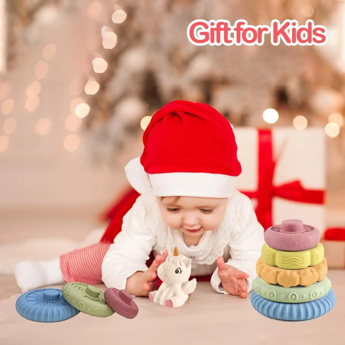 Baby Stacking Nesting Toys, Soft Squeeze Building Circle with Pink Horse, Baby Teething Toy Sensory Early Educational Toys for N