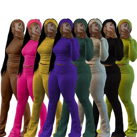 2 Two Piece Lounge Wear for Women 2024 Loungewear With Headband Yoga Outfit Long Sleeve Tops and Flare Pants Sets Tracksuit