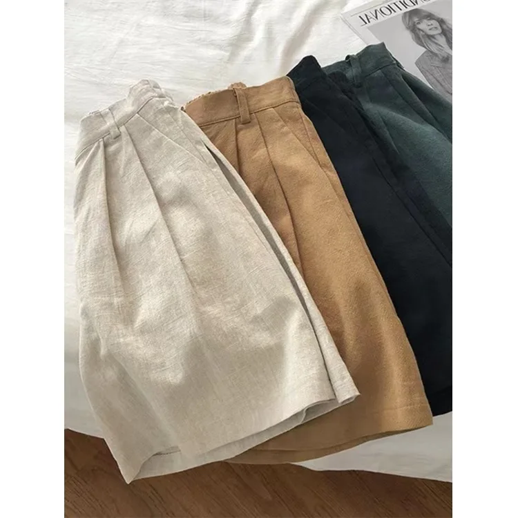 กางเกงผ้าฝ้ายลินินสไตล์ญี่ปุ่นย้อนยุคสำหรับผู้หญิง ฤดูร้อน เอวสูง ไซส์เล็ก ทรงเอ ขากว้าง ลำลอง ความยาวห้าส่วน