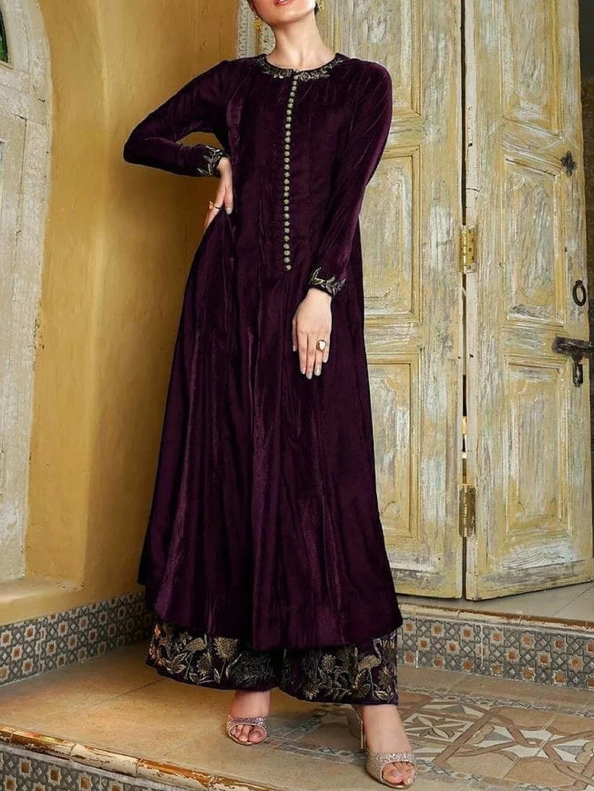 Velvet Vintage Women Maxi Dress Tribal Print Oversize O Neck Long Sleeves Evening Dress Elegant Pleated Luxury Party Prom Dress