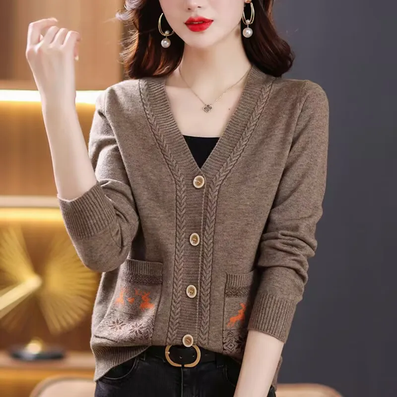 Office Lady Fashion Jacquard Pockets Sweaters Autumn Winter Soft Wool Knitwear Tops Vintage Elegant Knitted Cardigan