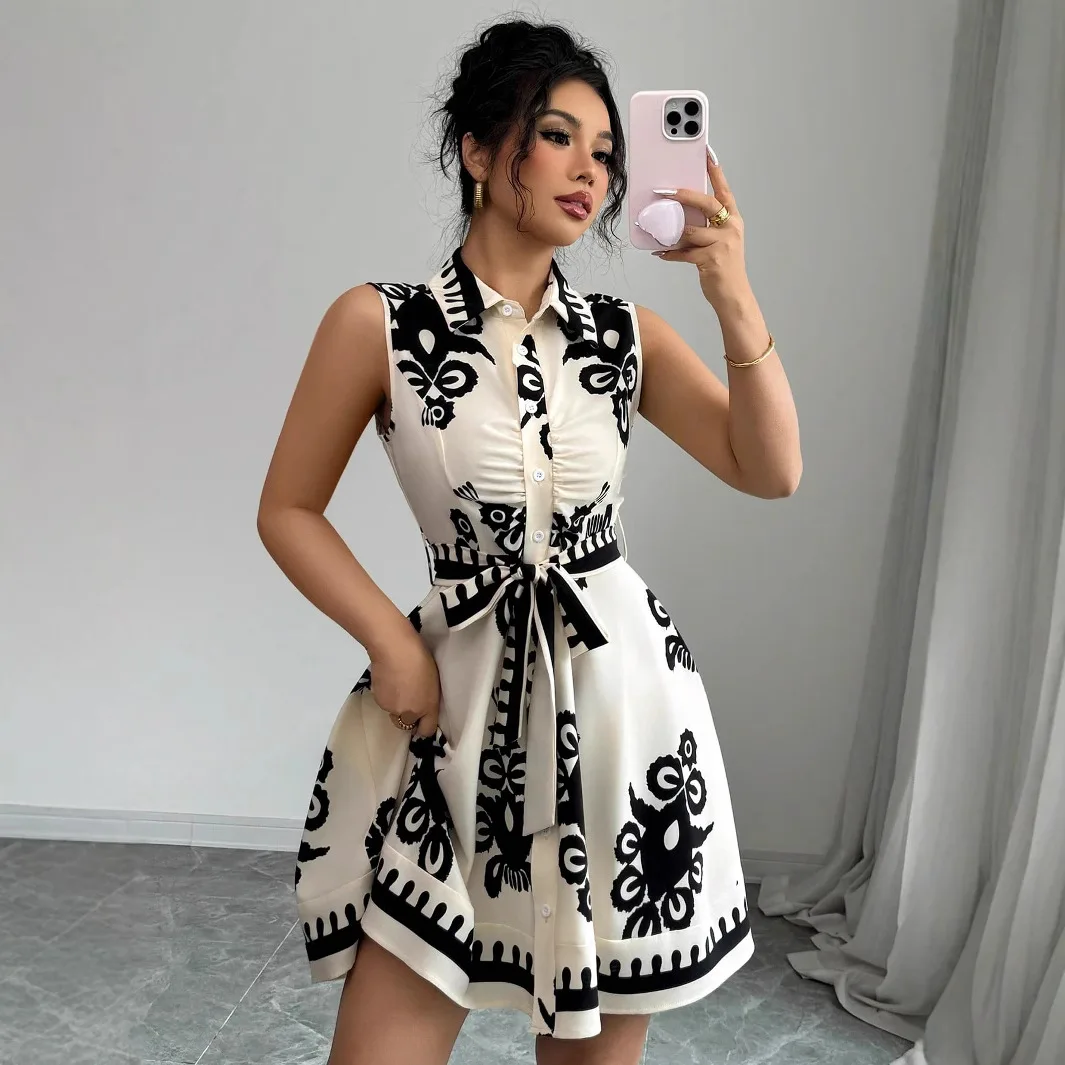 

Summer Fashion Printed Shirt Dress Women Lapel Sleeveless Waistband Short Skirt Casual Shirt Dress Women