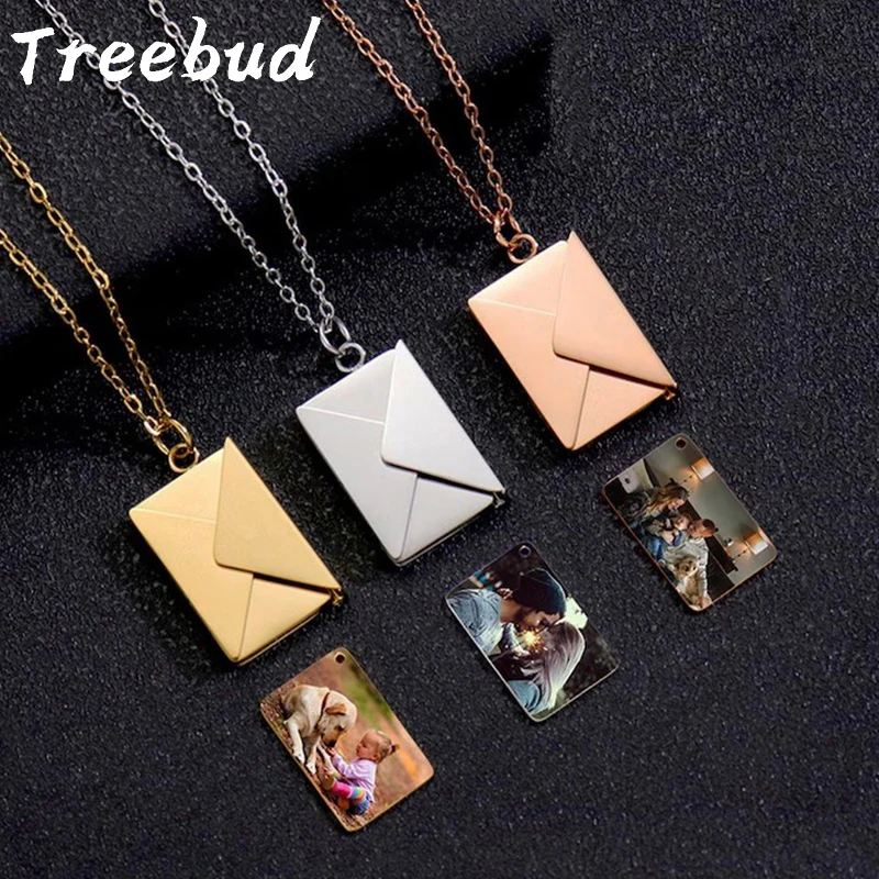 

Treebud Custom Color Photo Envelope Necklace Stainless Steel Laser Engrave Picture Logo Text Family Friend Couple Child Jewelry
