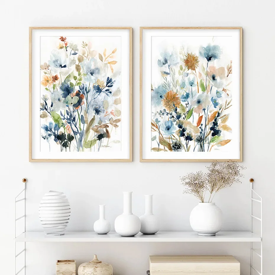 Nordic simple retro small fresh watercolor blue flower plant bedroom living room canvas painting decorative painting core