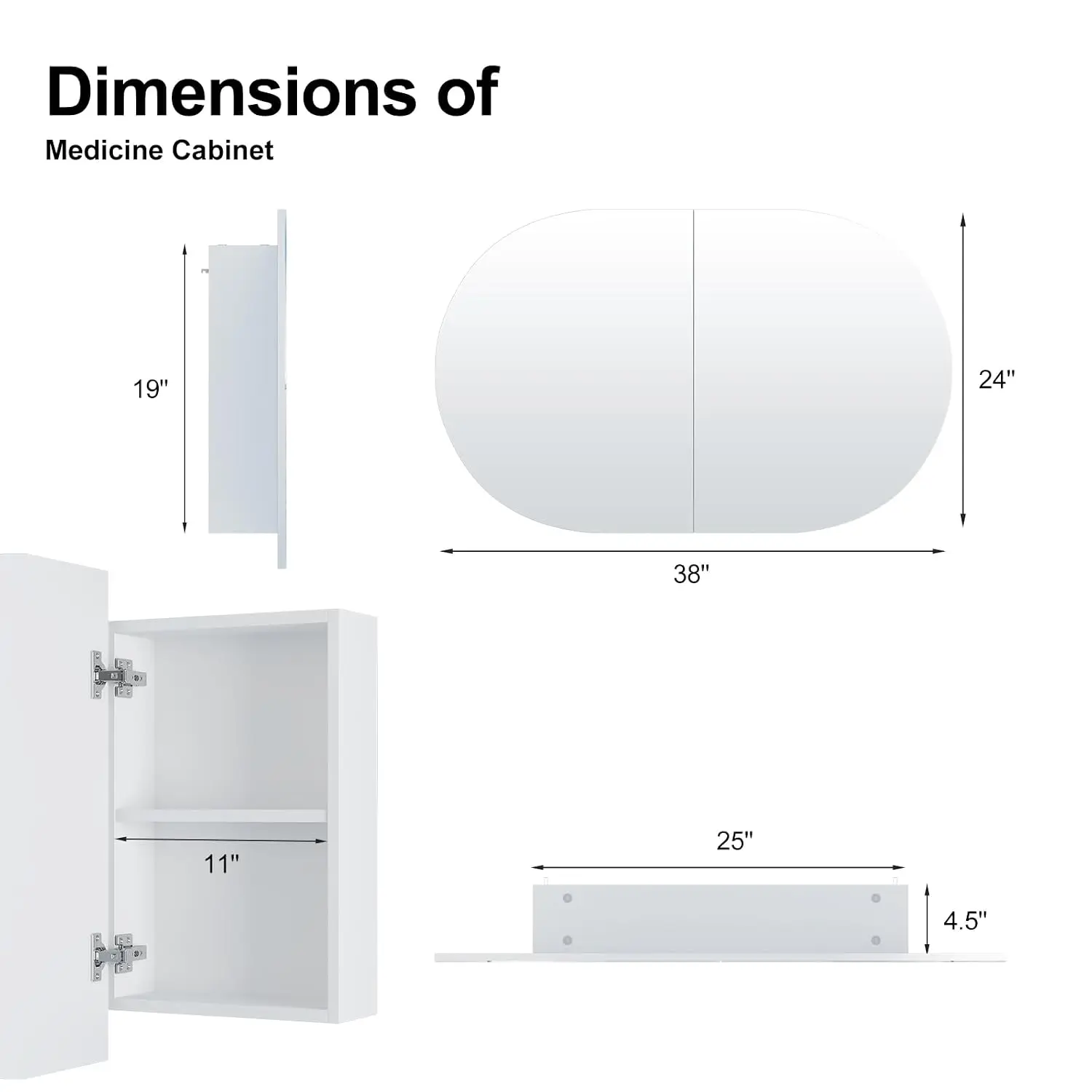 Oval Bathroom Medicine Cabinet Mirror Wall Mounted 3 Storage 2 Doors 38x24Inch, Customized