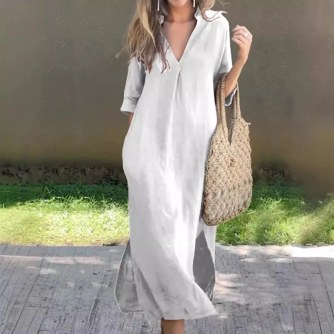 Fashion V-neck half Sleeve Solid Long Dress Women 2024 Summer Elegant Vintage Pocket Side Cotton Linen Dresses For Women