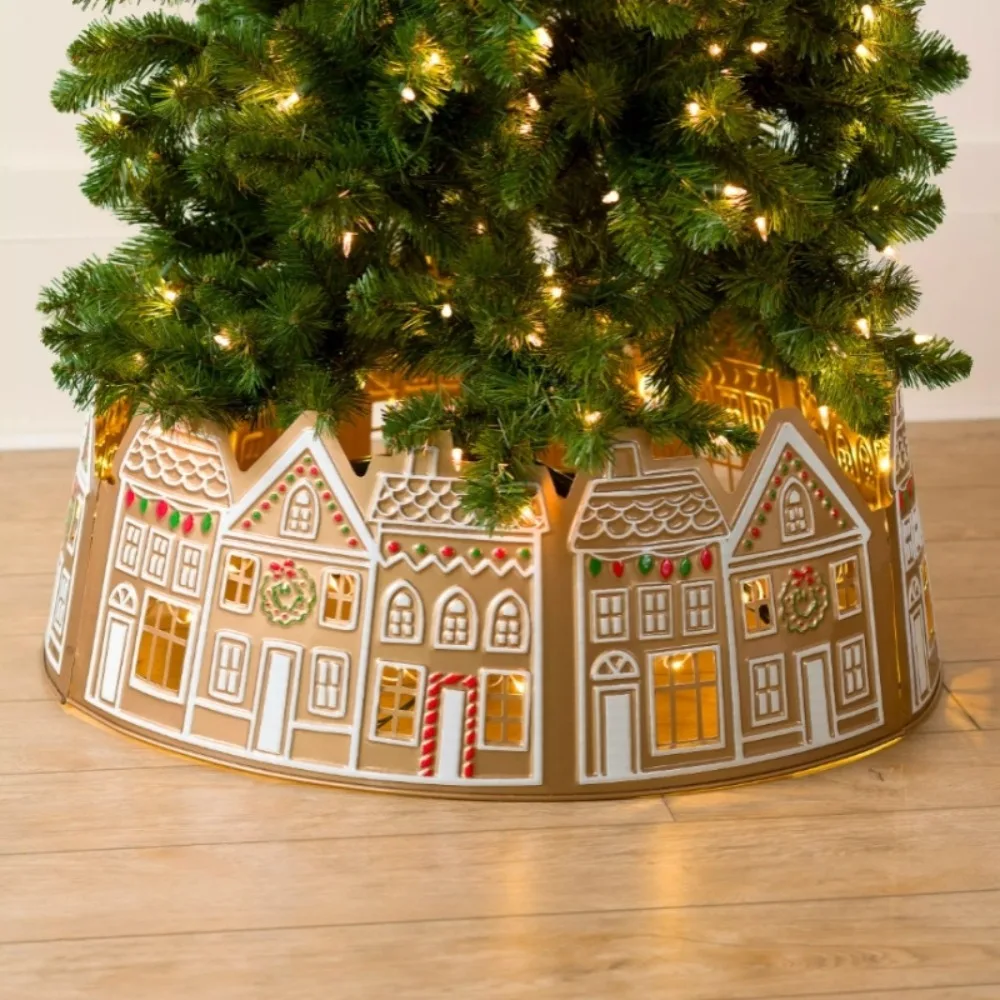

Creative LED Christmas Tree Collar with Light PVC Christmas Tree Skirt Gingerbread House Reusable Xmas Tree Base Cover Festival