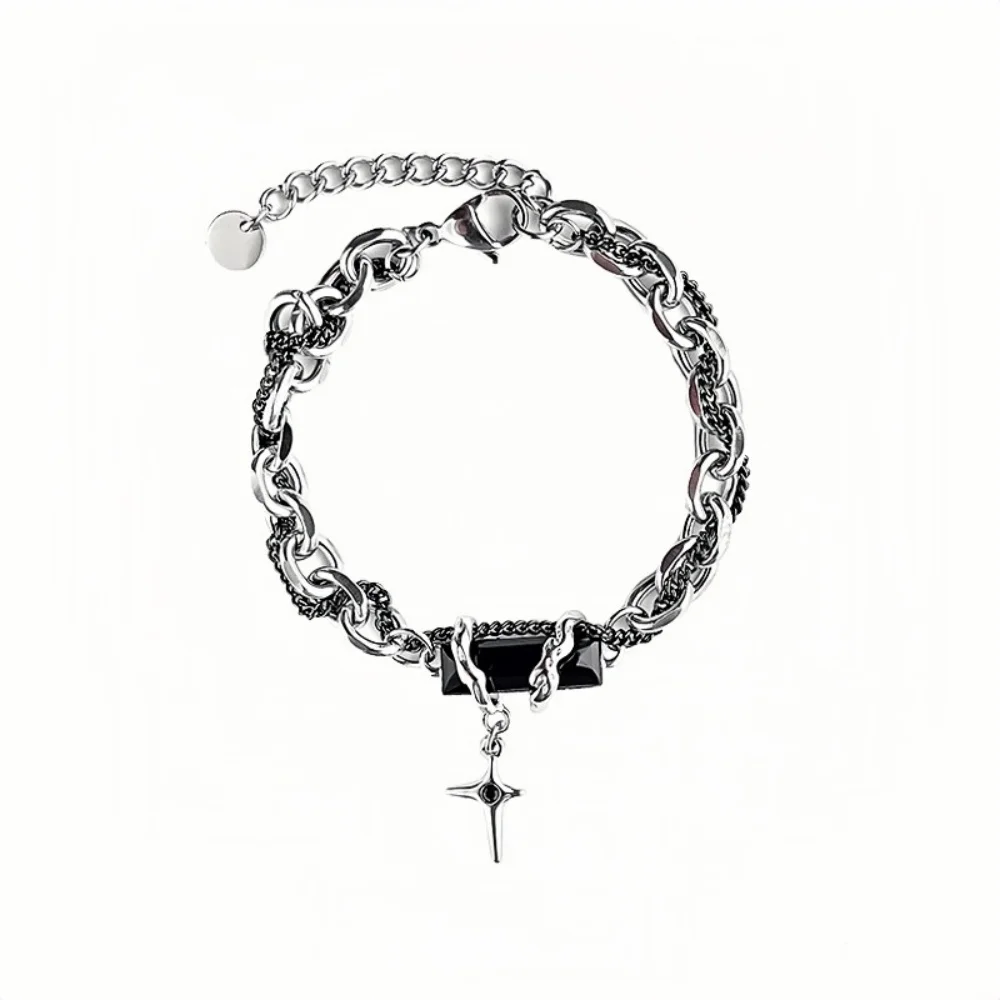 Hip-Hop Schwarzes Kristall-Armband Einfache Kubanische Kette Silberfarben Edelstahl Herren-Armband Retro-Schmuck Trendige Accessoires – Detail 5