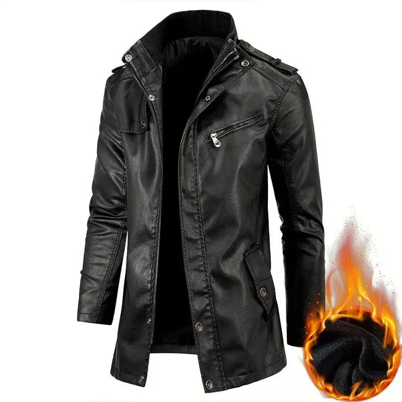 

Мужская зимняя куртка из искусственной кожи с флисовой подкладкой, воротником-стойкой, ретро-стилем, на пуговицах, теплая, модная, для повседневной носки