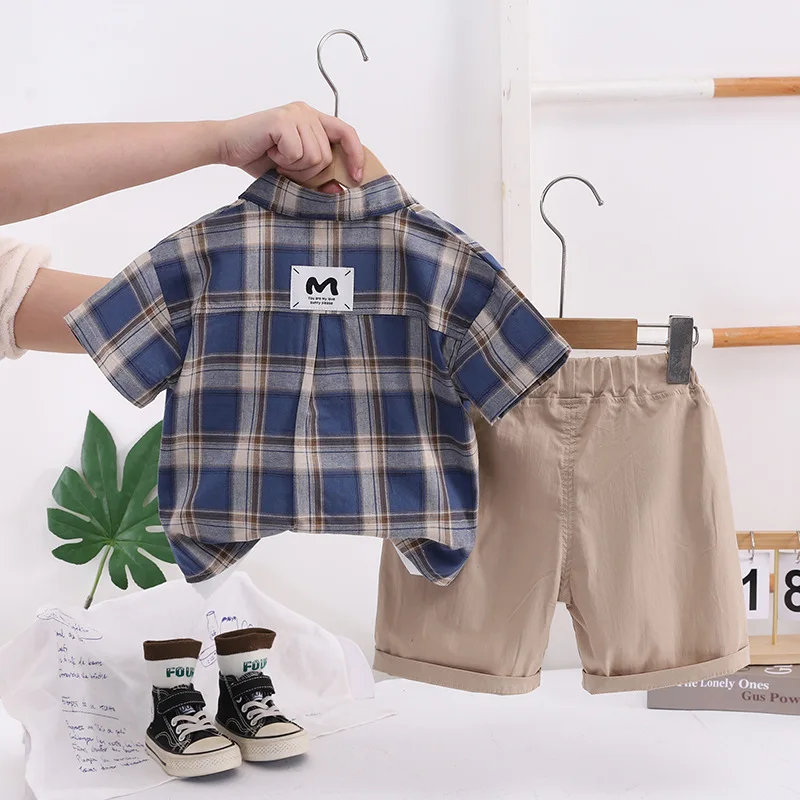 Toddler Boys Outfit Set 2026 Summer New Pocket Plaid Shirt + Letter Print T-shirt + Cargo Shorts 3 Piece Kids Fashion Clothes