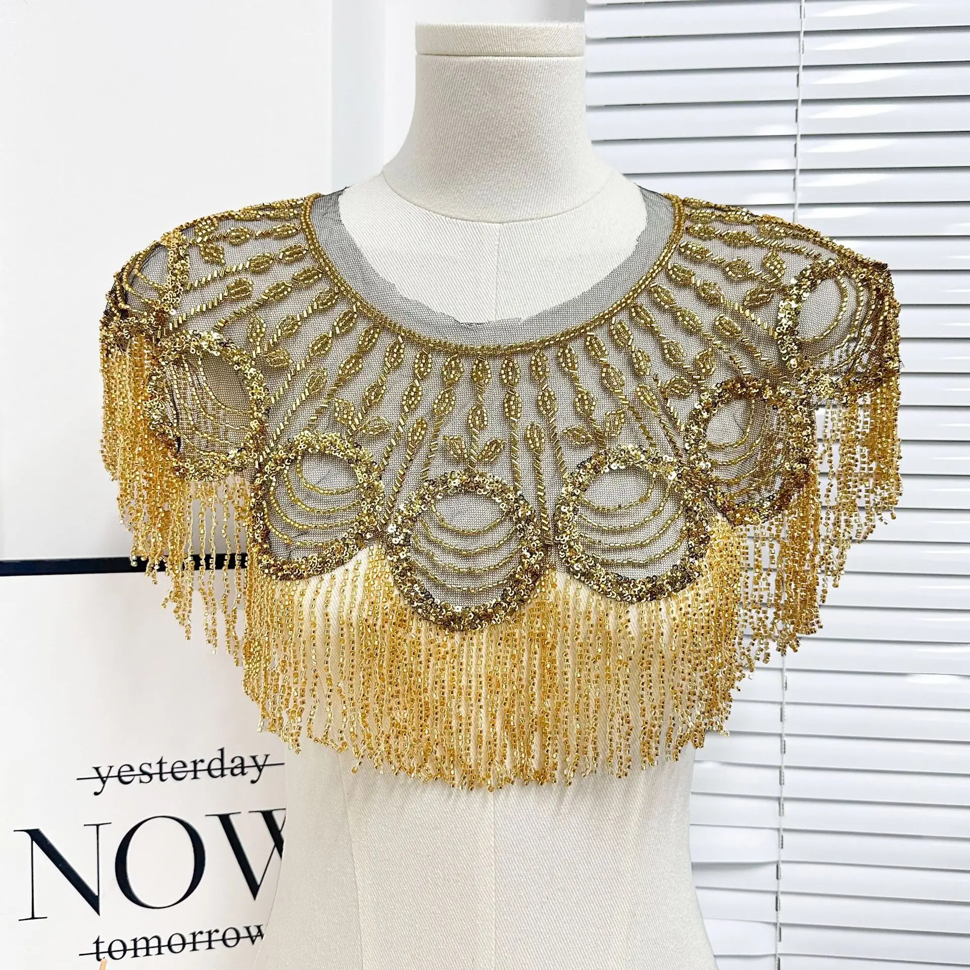 1Pc Luxury Embroidered Shawl, tassel decor, elegant multi-color, great for banquet, Halloween & cosplay