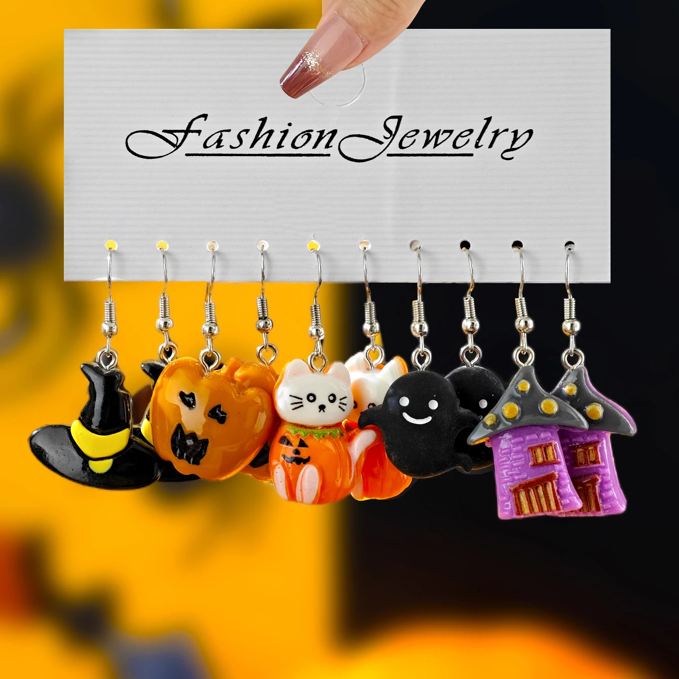10pcs Cross border New Halloween Gothic Ghost Face Pumpkin Ghost Black Cat Bat Witch Hat Resin Pendant Earrings Set