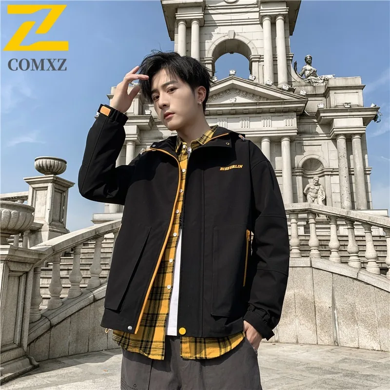 

COMXZ 2025 Men Coat Spring Autumn Fashion Hooded Jacket Korean Handsome Versatile Letter Print Casual lightweight windbreaker