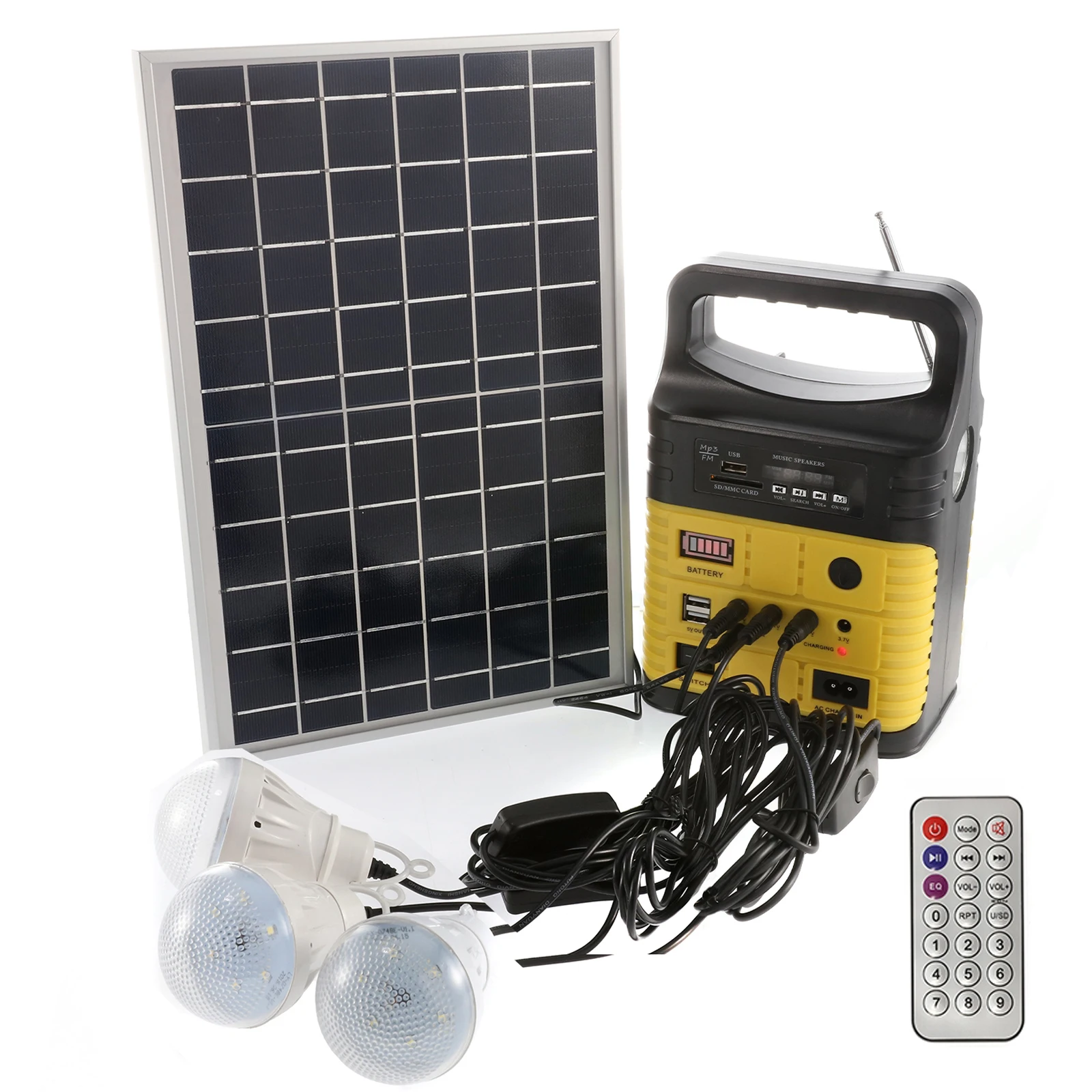 Mini Solar Panel Generator With bluetooth FM Radio 10W 6V Portable Outdoor Power Battery Charging LED Bulbs Lighting System