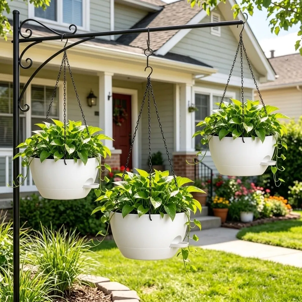 Hanging Self Watering Planters 2 Pack White Round Pots 20 cm and 25.4 cm with Detachable Reservoir for Indoor Outdoor Use