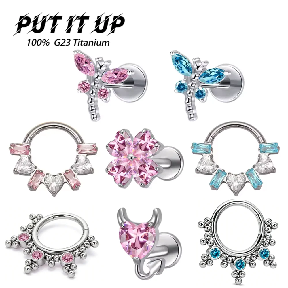 PUTITUP F136 Titanium Alloy Powder Blue Zirconia Stud Earrings Nose Ring Fashionable Niche Women's Jewelry Piercing Accessories