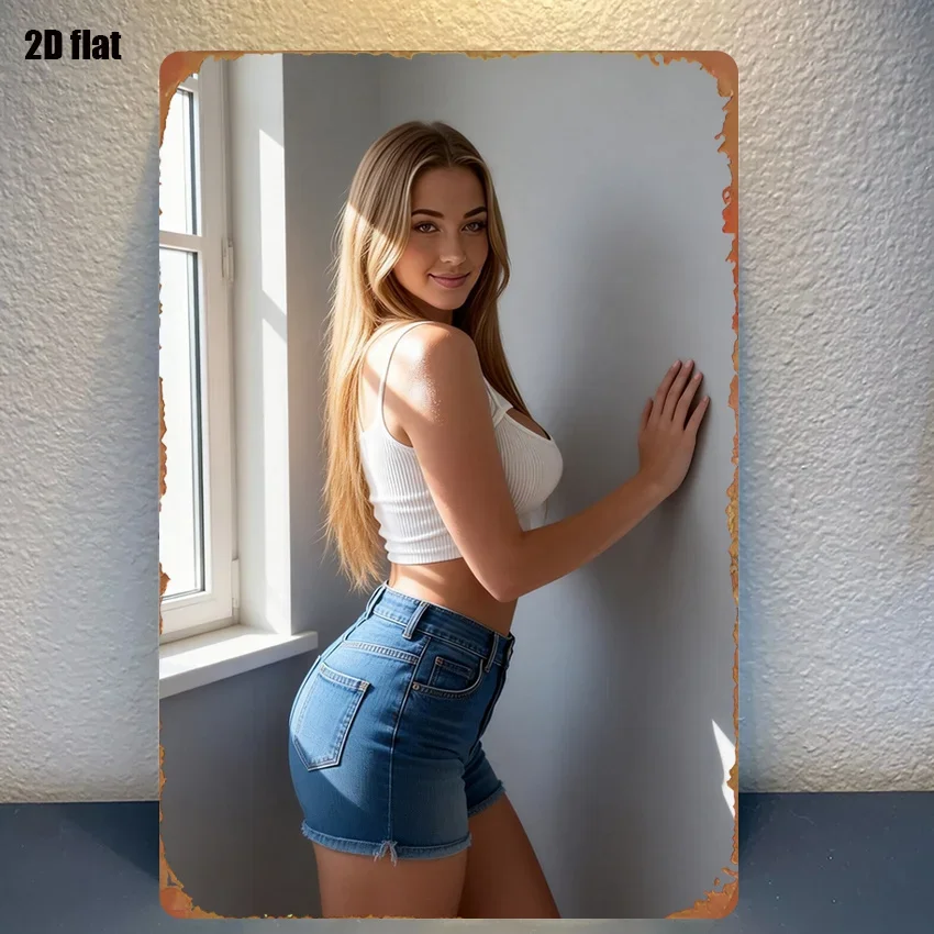 A 1pc Sign Featuring a Beautiful Woman with Long Golden Hair Standing Against a Wall, Sunlight Shining on Her. Iron Wall Art