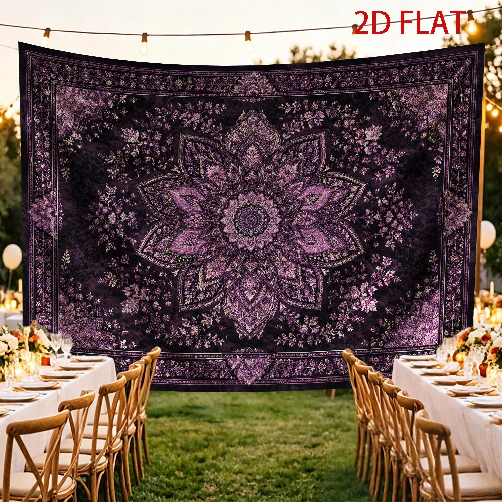 Large Purple Floral Mandala Bohemian Tapestry Wall Hanging Bedroom Boho Decor Polyester Home Accent Art Aesthetic Nursery Backdr