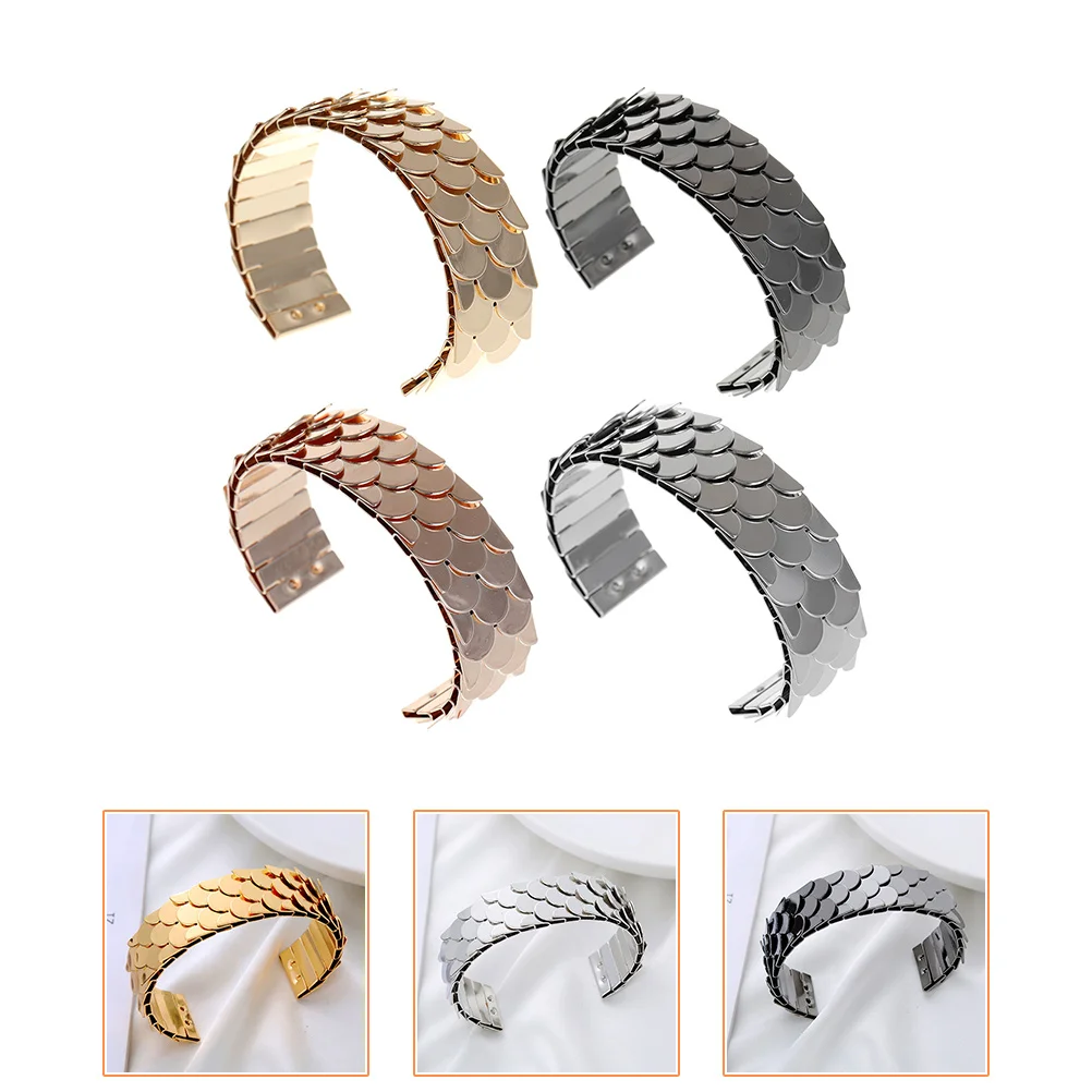 

4pcs Adjustable Fish Scales Metal Bangle Bracelets Open Punk Wrist Jewelry For Women Girls Vintage Trendy Cuff Wrap Accessory