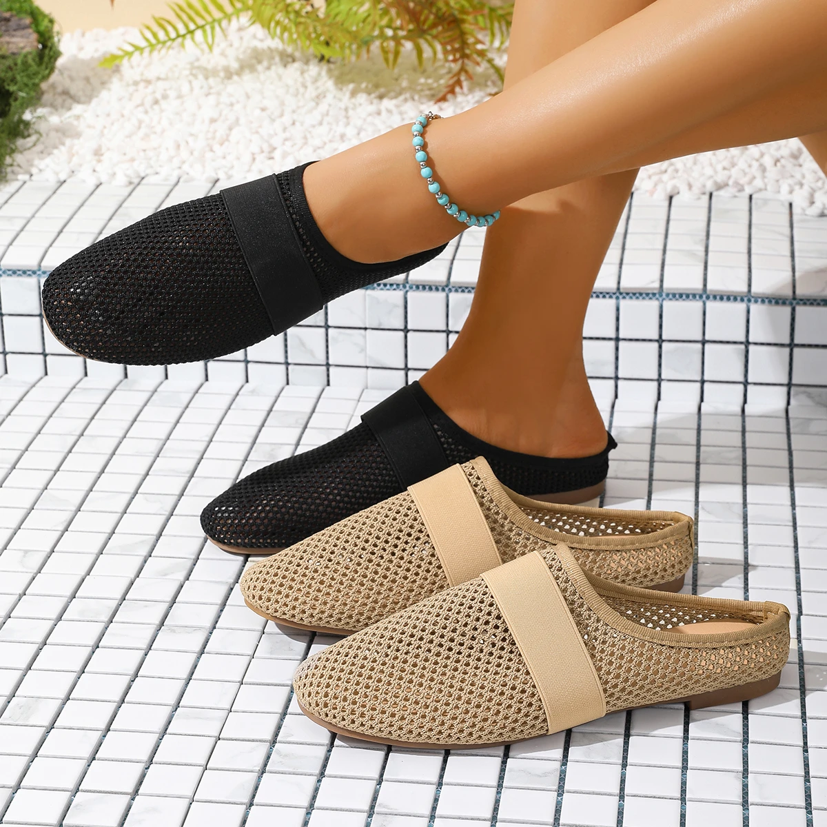 Summer Outward Wear Mesh Breathable Wrapped Head Semi-drag Women's New One-foot Slip-on Lazy Soft-soled lightweight Flat Shoes