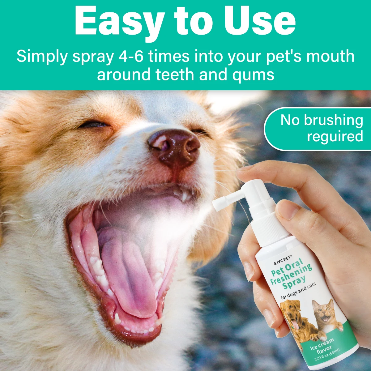 Pet Fresh Breath Spray Ice Cream Flavor Plant Based No Brush Tartar Plaque Remover Gentle Daily Dental Care for Dogs and Cats