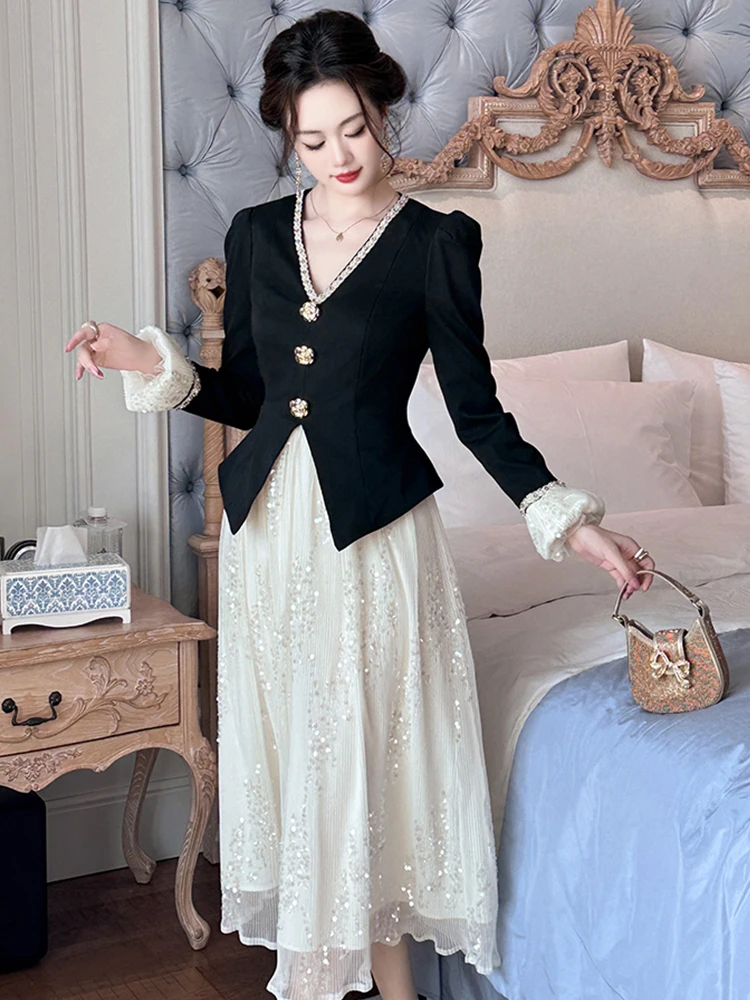 ملابس النساء في الشارع ريترو وهمية 2 قطعة أسود الخامس الرقبة سليم ميدي ألف خط فستان أنيق فاخر سيدة موضة حفلة موسيقية Vestidos رداء