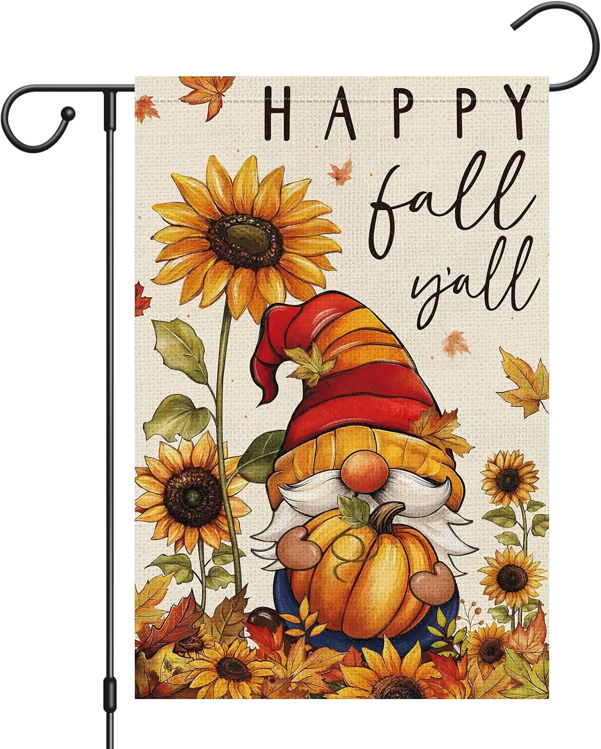 Heyfibro Happy Fall Y'all Gnome Garden Flag 12x18 Double Sided Burlap, Autumn Retro Pumpkin Sunflower Yard Flags for Tha WWP